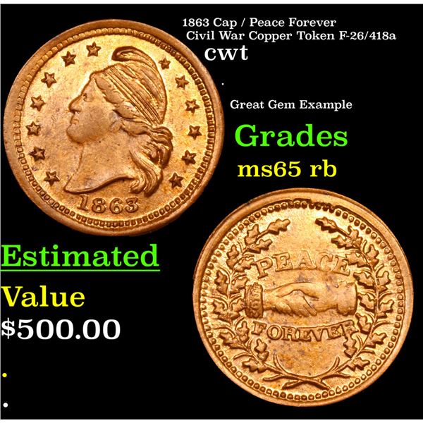 1863 Cap / Peace Forever Civil War Copper Token Civil War Token F-26/418a 1c Grades GEM Unc RB