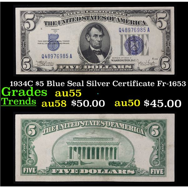 1934C $5 Blue Seal Silver Certificate Fr-1653 Grades Choice AU