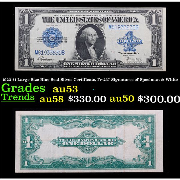 1923 $1 Large Size Blue Seal Silver Certificate, Fr-237 Signatures of Speelman & White Grades Select