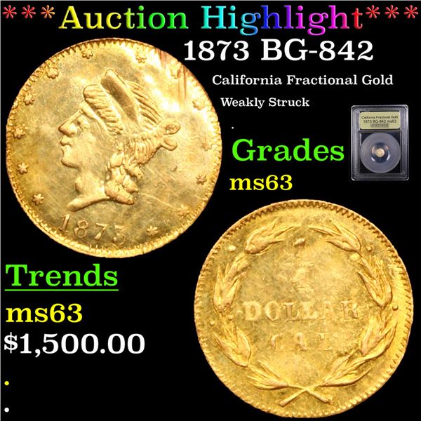 ***Auction Highlight*** 1873 California Fractional Gold 25c BG-842 Graded Select Unc BY USCG (fc)