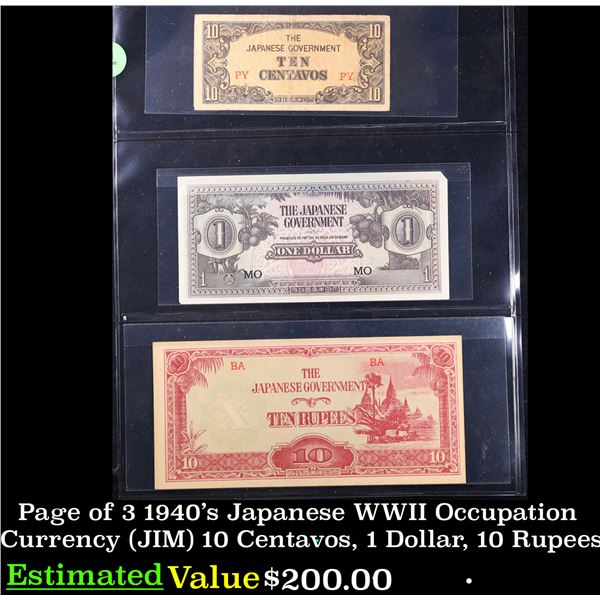 Page of 3 1940's Japanese WWII Occupation Currency (JIM) 10 Centavos, 1 Dollar, 10 Rupees