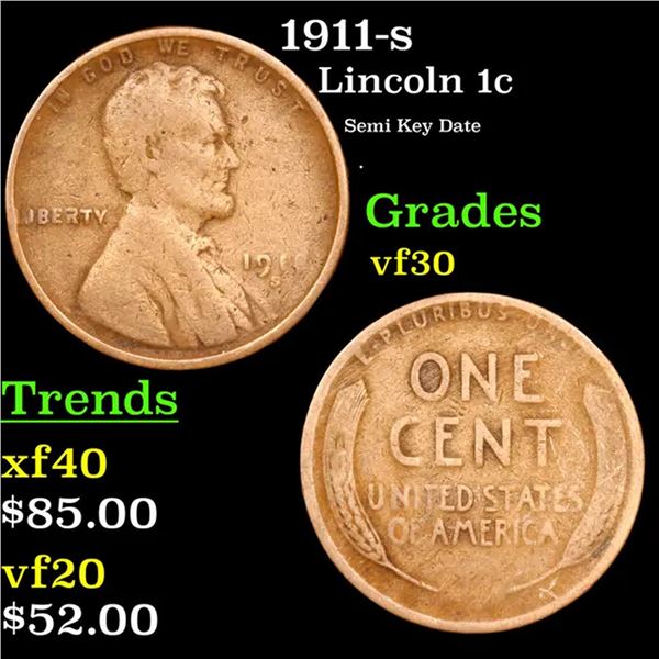 1911-s Lincoln Cent 1c Grades vf++