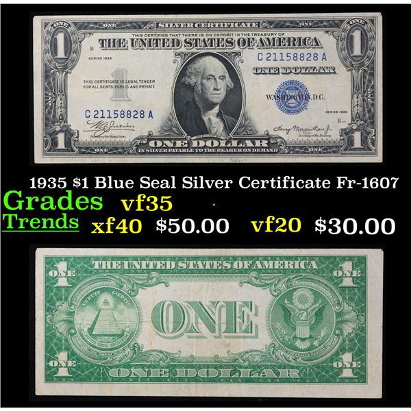 1935 $1 Blue Seal Silver Certificate Fr-1607 Grades vf++