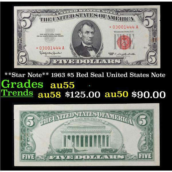 1963 $5 Red Seal United States Note Grades Choice AU