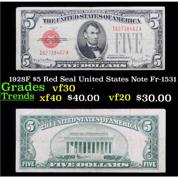 1928F $5 Red Seal United States Note Fr-1531 Grades vf++