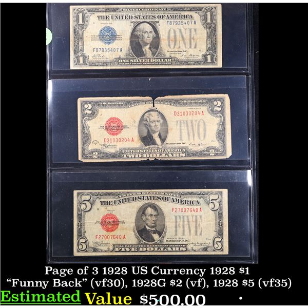 Page of 3 1928 US Currency 1928 $1 "Funny Back" (vf30), 1928G $2 (vf), 1928 $5 (vf35)