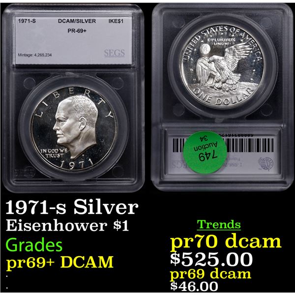 Proof 1971-s Silver Eisenhower Dollar $1 Graded pr69+ DCAM By SEGS