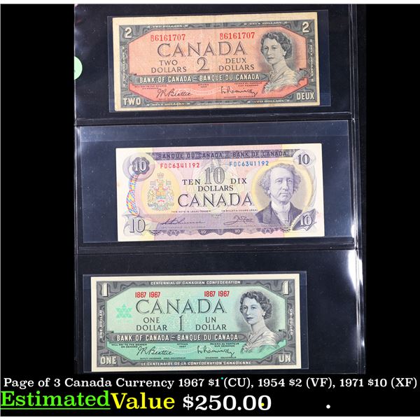 Page of 3 Canada Currency 1967 $1 (CU), 1954 $2 (VF), 1971 $10 (XF)