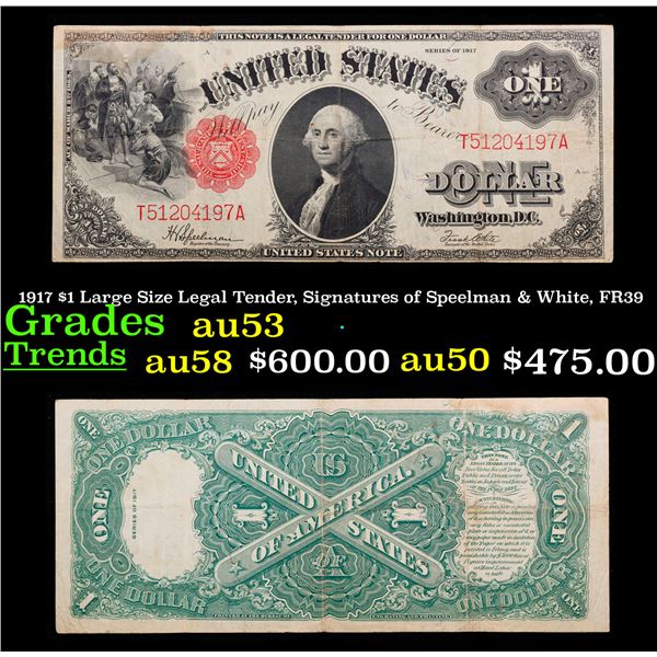 1917 $1 Large Size Legal Tender, Signatures of Speelman & White, FR39  Grades Select AU