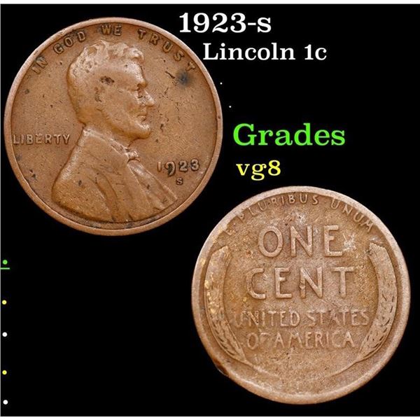 1923-s Lincoln Cent 1c Grades vg, very good