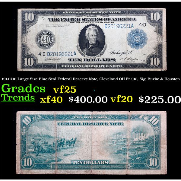 1914 $10 Large Size Blue Seal Federal Reserve Note, Cleveland OH Fr-918, Sig. Burke & Houston Grades