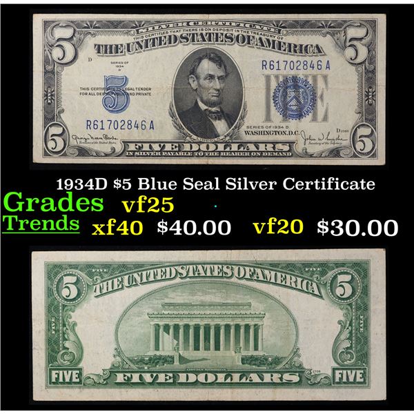 1934D $5 Blue Seal Silver Certificate Grades vf+
