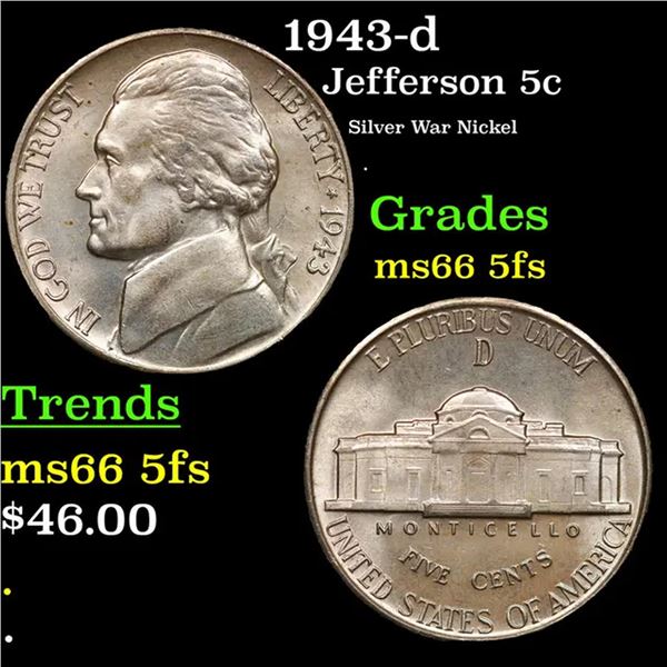 1943-d Jefferson Nickel 5c Grades GEM+ 5fs