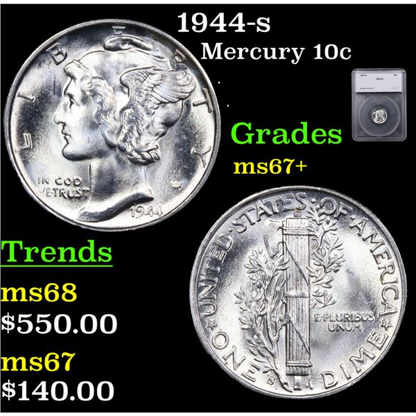 1944-s Mercury Dime 10c Graded ms67+ BY SEGS