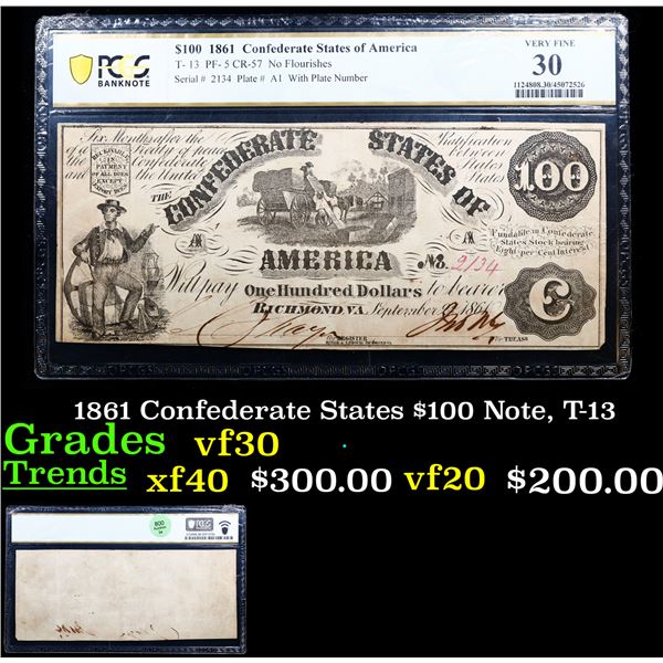 PCGS 1861 Confederate States $100 Note, T-13 Graded vf30 By PCGS
