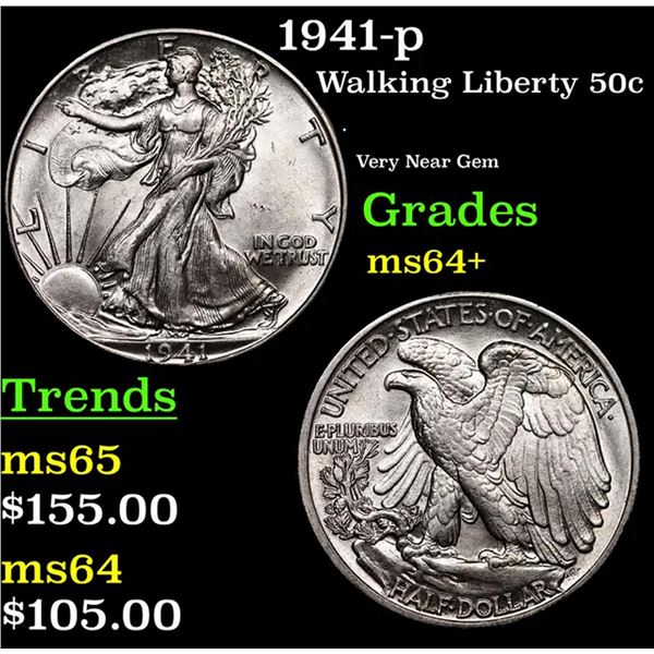 1941-p Walking Liberty Half Dollar 50c Grades Choice+ Unc