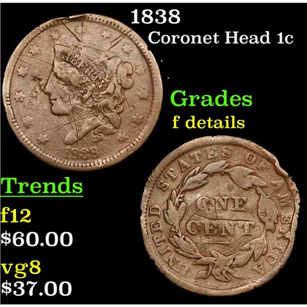 1838 Coronet Head Large Cent 1c Grades f details