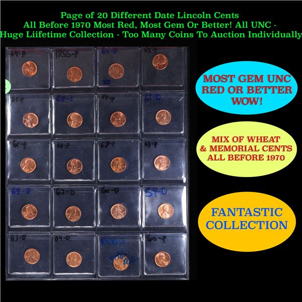 Page of 20 Different Date Lincoln Cents All Before 1970 Most Red, Most Gem Or Better! All UNC - Huge