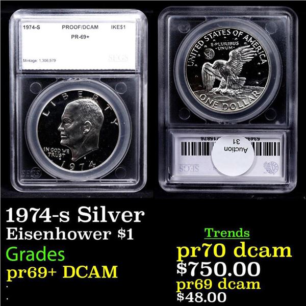 Proof 1974-s Silver Eisenhower Dollar $1 Graded pr69+ DCAM By SEGS