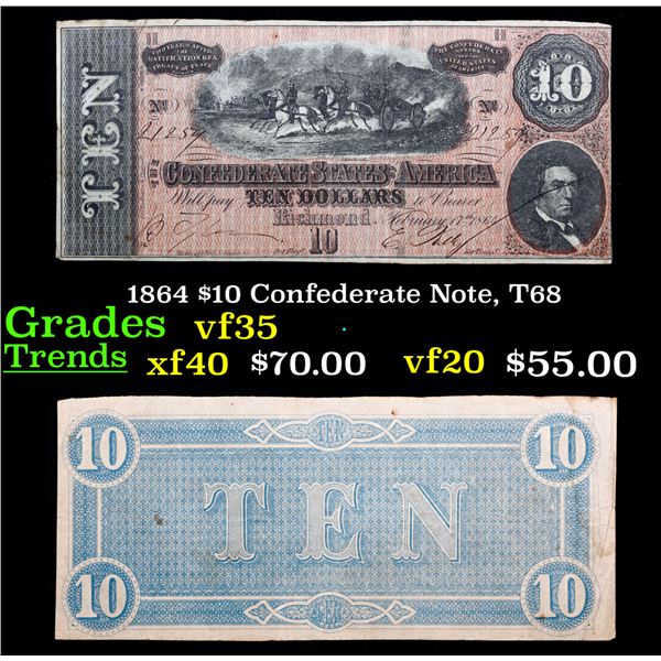 1864 $10 Confederate Note, T68 Grades vf++
