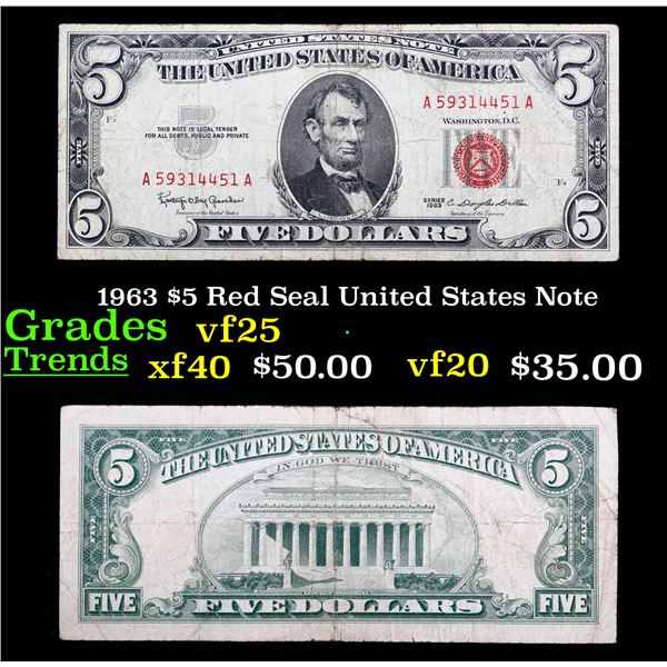 1963 $5 Red Seal United States Note Grades vf+