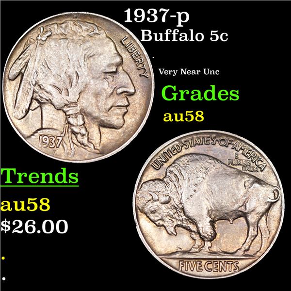 1937-p Buffalo Nickel 5c Grades Choice AU/BU Slider