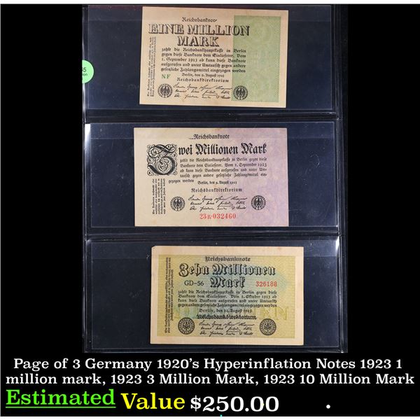 Page of 3 Germany 1920's Hyperinflation Notes 1923 1 million mark, 1923 3 Million Mark, 1923 10 Mill