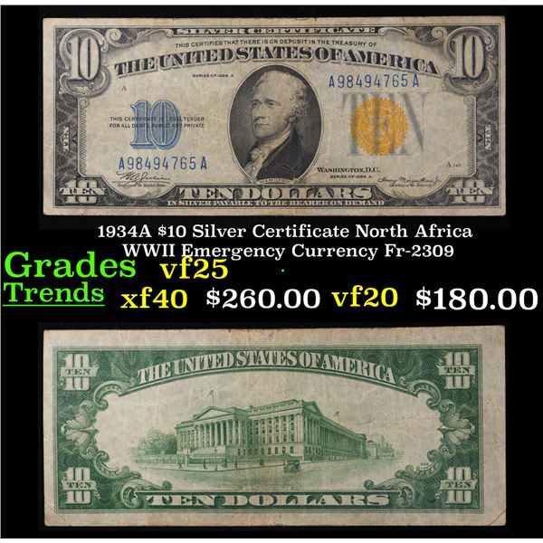 1934A $10 Silver Certificate North Africa WWII Emergency Currency Fr-2309 Grades vf+