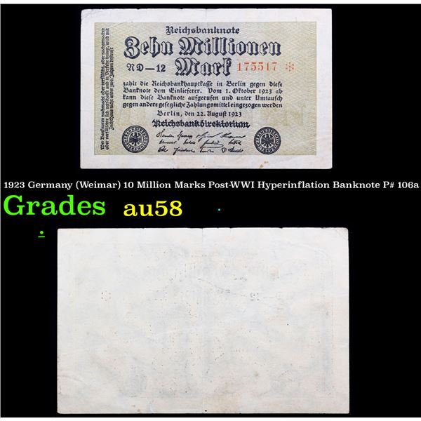 1923 Germany (Weimar) 10 Million Marks Post-WWI Hyperinflation Banknote P# 106a Grades Choice AU/BU 