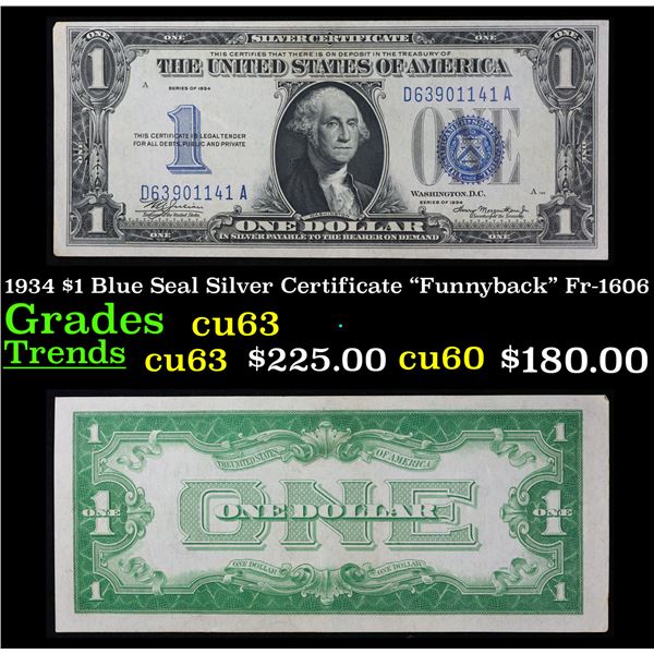 1934 $1 Blue Seal Silver Certificate "Funnyback" Fr-1606 Grades Select CU