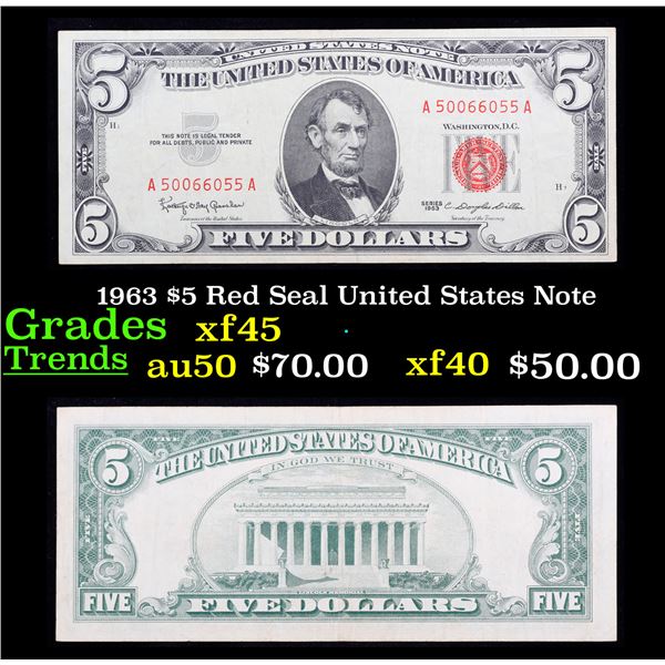 1963 $5 Red Seal United States Note Grades xf+