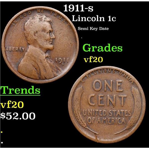 1911-s Lincoln Cent 1c Grades vf, very fine