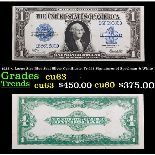 1923 $1 Large Size Blue Seal Silver Certificate, Fr-237 Signatures of Speelman & White Grades Select