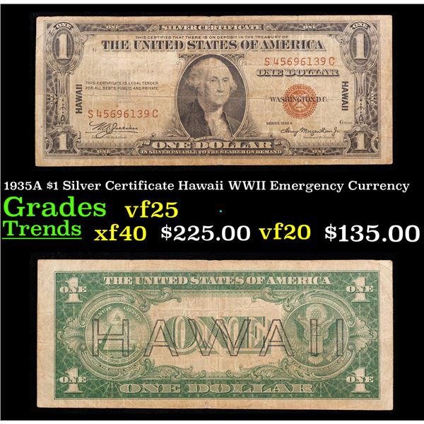 1935A $1 Silver Certificate Hawaii WWII Emergency Currency Grades vf+