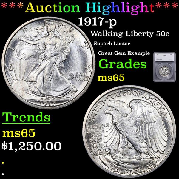 ***Auction Highlight*** 1917-p Walking Liberty Half Dollar 50c Graded ms65 BY SEGS (fc)