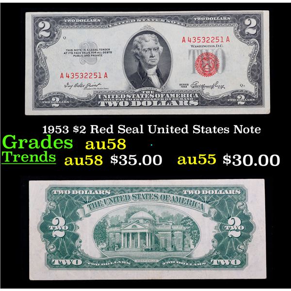 1953 $2 Red Seal United States Note Grades Choice AU/BU Slider