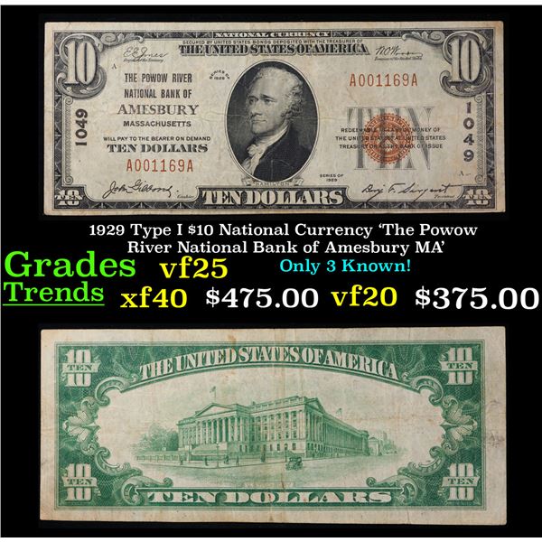 1929 Type I $10 National Currency 'The Powow River National Bank of Amesbury MA'  Grades vf+