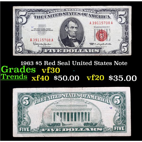 1963 $5 Red Seal United States Note Grades vf++