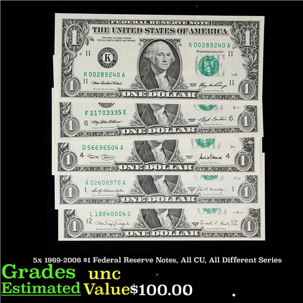 5x 1969-2006 $1 Federal Reserve Notes, All CU, All Different Series Grades Brilliant Uncirculated