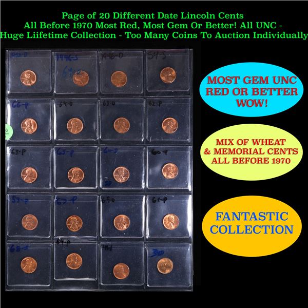 Page of 20 Different Date Lincoln Cents All Before 1970 Most Red, Most Gem Or Better! All UNC - Huge