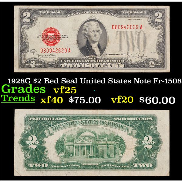 1928G $2 Red Seal United States Note Fr-1508 Grades vf+