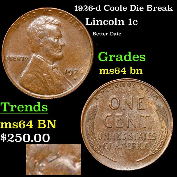 1926-d Lincoln Cent cool die break 1c Grades Choice Unc BN
