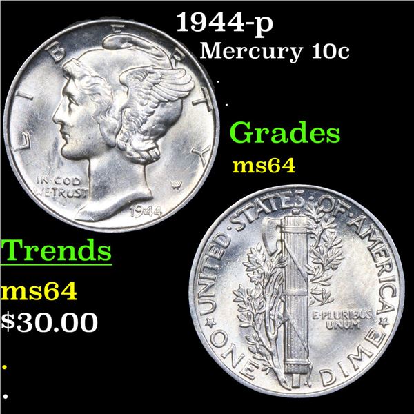 1944-p Mercury Dime 10c Grades Choice Unc