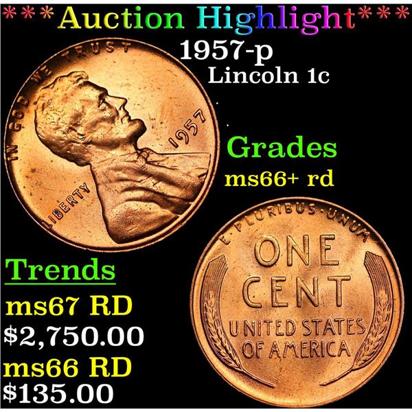 ***Auction Highlight*** 1957-p Lincoln Cent 1c Graded GEM++ RD BY USCG (fc)