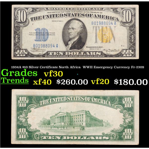 1934A $10 Silver Certificate North Africa  WWII Emergency Currency Fr-2309 Grades vf++