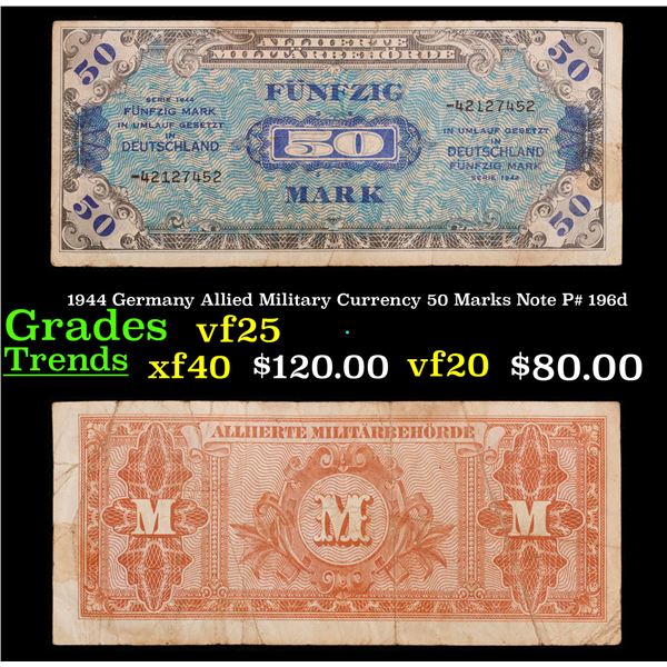 1944 Germany Allied Military Currency 50 Marks Note P# 196d Grades vf+