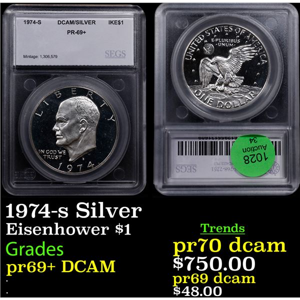 Proof 1974-s Silver Eisenhower Dollar $1 Graded pr69+ DCAM By SEGS