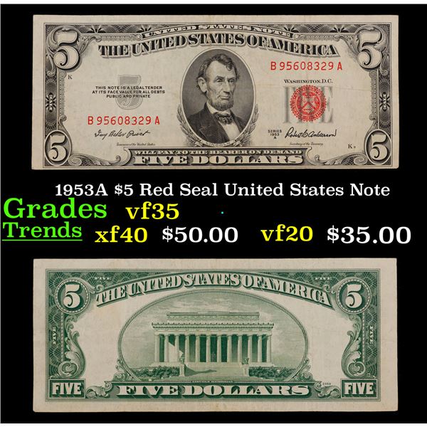 1953A $5 Red Seal United States Note Grades vf++