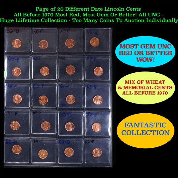 Page of 20 Different Date Lincoln Cents All Before 1970 Most Red, Most Gem Or Better! All UNC - Huge