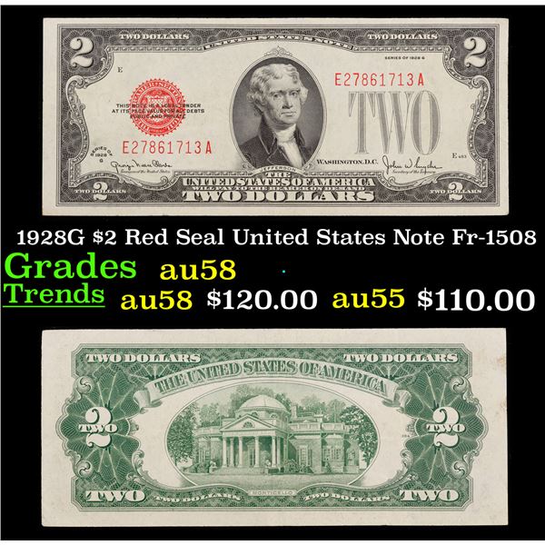 1928G $2 Red Seal United States Note Fr-1508 Grades Choice AU/BU Slider
